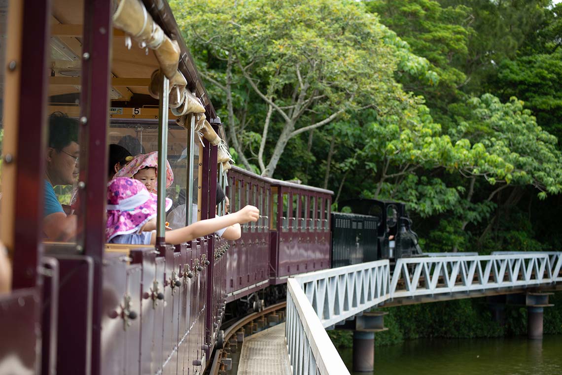 a small tram on a bridge over water at neo park okinawa